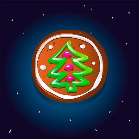 Cute gingerbread cookies for christmas with a Christmas tree. Night sky background. Vector illustration. Stock Photo - Budget Royalty-Free & Subscription, Code: 400-09108488