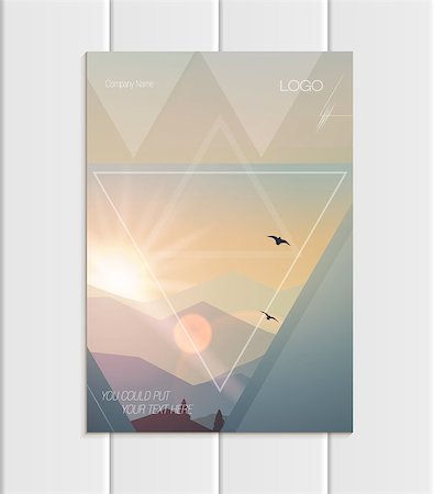 Stock vector brochure A4 or A5 format design business template with abstract triangles and mountain landscape at sunset, dawn background for ecology printed material, element corporate style cover Foto de stock - Super Valor sin royalties y Suscripción, Código: 400-09108924