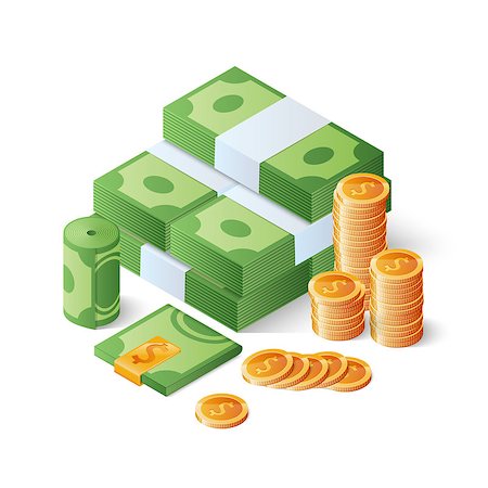 Pile of cash and gold coins. Heap of dollar bills. Big money concept. Isometric vector illustration. Stockbilder - Microstock & Abonnement, Bildnummer: 400-09108939