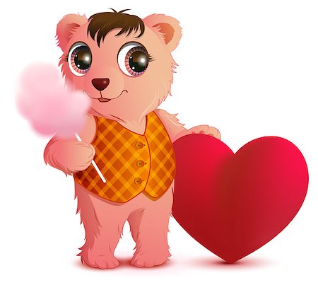 simsearch:400-07840610,k - Pink fun bear holds sweet cotton wool and heart shape. Valentines day greeting card. Isolated on white vector carton illustration Photographie de stock - Aubaine LD & Abonnement, Code: 400-09108932