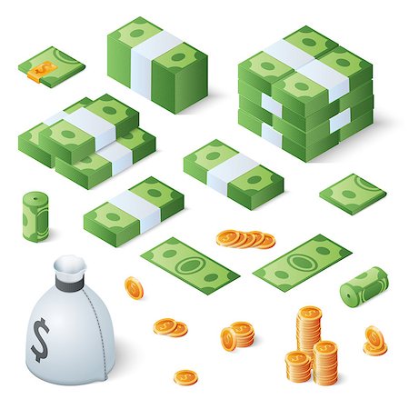 Big money set. Dollar bills and gold coins. Isometric vector illustration. Stockbilder - Microstock & Abonnement, Bildnummer: 400-09108945