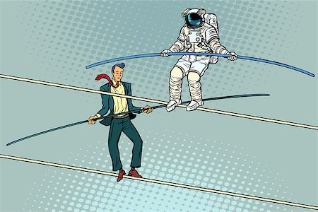 tightrope walkers acrobats businessman and astronaut. Pop art retro vector illustration. Photographie de stock - Aubaine LD & Abonnement, Code: 400-09108986