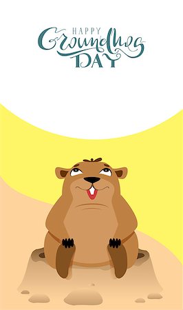 simsearch:400-04274928,k - Happy Groundhog Day lettering text greeting card. Funny marmot sits and looks up. Vector cartoon illustration Photographie de stock - Aubaine LD & Abonnement, Code: 400-09109006
