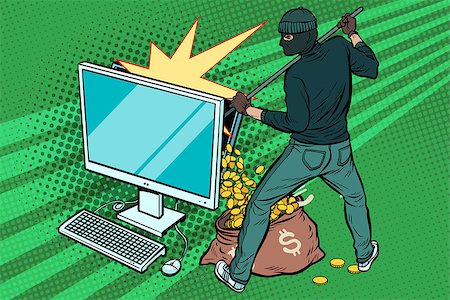 simsearch:614-09253552,k - Online hacker steals dollar money from computer. Pop art retro vector illustration Stock Photo - Budget Royalty-Free & Subscription, Code: 400-09109011