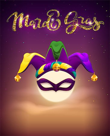 Invitation to Mardi Gras Party. Full moon, mask and clown cap symbols holiday mardi gras fatty Tuesday. Vector cartoon illustration Stock Photo - Budget Royalty-Free & Subscription, Code: 400-09109084