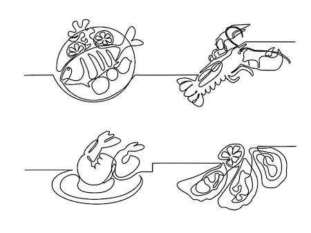 dorado - Set continuous line drawing. Grilled fish on plate with lemon and potato. Vector illustration black line on white background. Stock Photo - Budget Royalty-Free & Subscription, Code: 400-09109114
