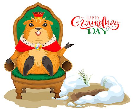 simsearch:400-04274928,k - Happy groundhog day greeting card. Marmot king sitting on throne chair. Isolated on white fun vector cartoon illustration Photographie de stock - Aubaine LD & Abonnement, Code: 400-09109175