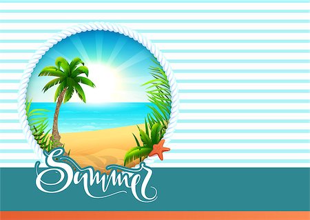 simsearch:400-07093200,k - Summer text greeting card beach holidays. Palm tree, sea, sun and sand paradise vacation. Vector cartoon illustration Fotografie stock - Microstock e Abbonamento, Codice: 400-09109176