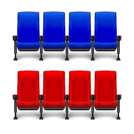 Set of realistic comfortable movie chairs for cinema theater. Cinema empty red and blue seats. Vector illustration EPS 10 Stock Photo - Budget Royalty-Free & Subscription, Code: 400-09109173