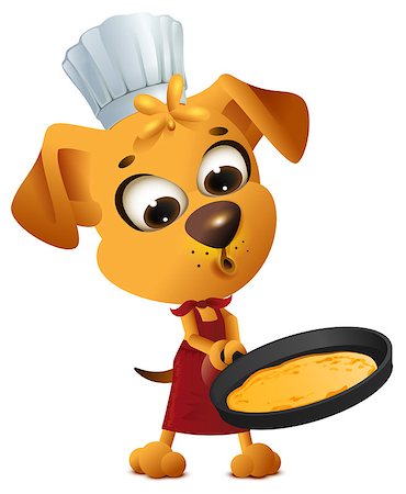 simsearch:400-07953213,k - Fun yellow dog cook to make pancake in frying pan. Isolated on white vector cartoon illustration Foto de stock - Super Valor sin royalties y Suscripción, Código: 400-09109187