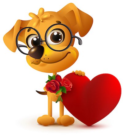 simsearch:400-09065162,k - Fun yellow dog with bouquet of red rose. Red heart gift for Valentines Day. Isolated on white vector cartoon illustration Stock Photo - Budget Royalty-Free & Subscription, Code: 400-09109224