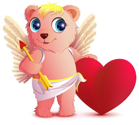 simsearch:400-07840610,k - Pink bear angel with wings holds heart and arrow. Postcard Valentines Day. Isolated on white fun vector cartoon illustration Photographie de stock - Aubaine LD & Abonnement, Code: 400-09109338