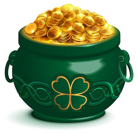 simsearch:400-06066026,k - Green full pot with gold coins. Pot with four leaf clover symbol of Patricks Day. Isolated on white vector 3d cartoon illustration Foto de stock - Super Valor sin royalties y Suscripción, Código: 400-09109356