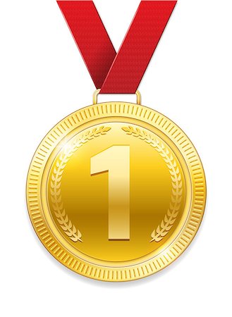 simsearch:832-03640688,k - Champion Award gold Medal for sport prize. Shiny medal with red ribbon isolated on white background. Vector illustration EPS 10 Foto de stock - Royalty-Free Super Valor e Assinatura, Número: 400-09109490