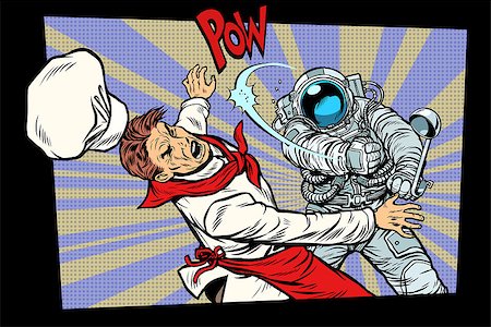 space food. Astronaut fight with the chef. Bad food, dissatisfied customer. Pop art retro vector illustration hand drawn comic cartoon Stock Photo - Budget Royalty-Free & Subscription, Code: 400-09109631