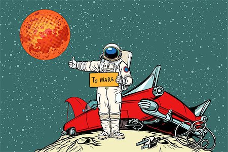 The road to Mars. car broke down in space, astronaut hitchhiker. Pop art retro vector illustration comic cartoon hand drawn vector Foto de stock - Super Valor sin royalties y Suscripción, Código: 400-09109905