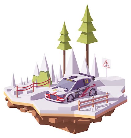 simsearch:400-04097123,k - Vector low poly rally racing car in white and red livery on the winter forest rally stage Stock Photo - Budget Royalty-Free & Subscription, Code: 400-09109984