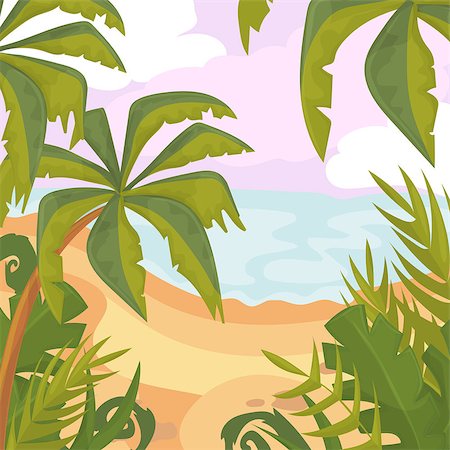 Summertime on the beach. Palms and plants around.Cartoon vector illustration. Summer vacation on sea coast Photographie de stock - Aubaine LD & Abonnement, Code: 400-09114023