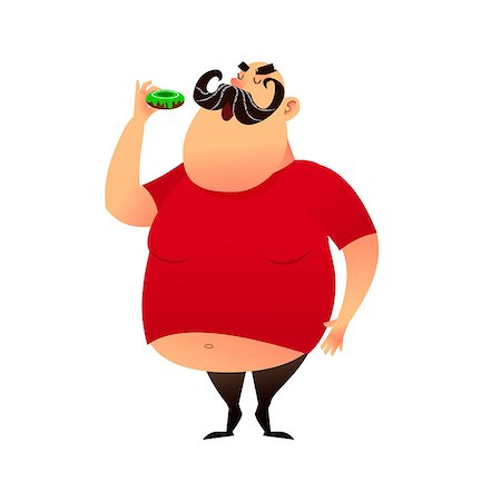 Fat guy takes a bite of a donut. Funny cartoon obesity man in a T-shirt with a naked belly. Puffy mustachioed big happy character in flat style. Unhealthy food and harmful lifestyles concept. Photographie de stock - Aubaine LD & Abonnement, Code: 400-09114087