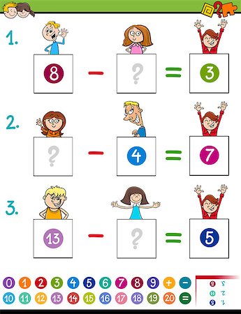Cartoon Illustration of Educational Mathematical Subtraction Puzzle Game for Preschool and Elementary Age Children with Boys and Girls Funny Characters Stock Photo - Budget Royalty-Free & Subscription, Code: 400-09114114