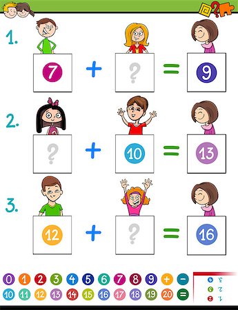 Cartoon Illustration of Educational Mathematical Addition Puzzle Game for Preschool and Elementary Age Children with Boys and Girls Comic Characters Stock Photo - Budget Royalty-Free & Subscription, Code: 400-09114115
