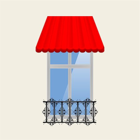 simsearch:400-06484699,k - Vector red awning on window with gray background wall and pilaster balcony Stock Photo - Budget Royalty-Free & Subscription, Code: 400-09114166