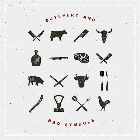 simsearch:400-09114224,k - set of butchery and barbecue symbols with letterpress effect. hand drawn design elements. vector illustration Stock Photo - Budget Royalty-Free & Subscription, Code: 400-09114224