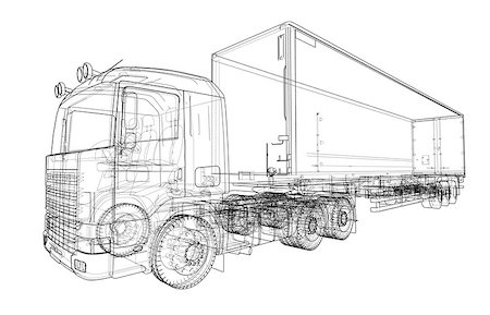 shipping containers on trucks - European truck outlined vector rendering of 3d. The layers of visible and invisible lines are separated Stock Photo - Budget Royalty-Free & Subscription, Code: 400-09114229