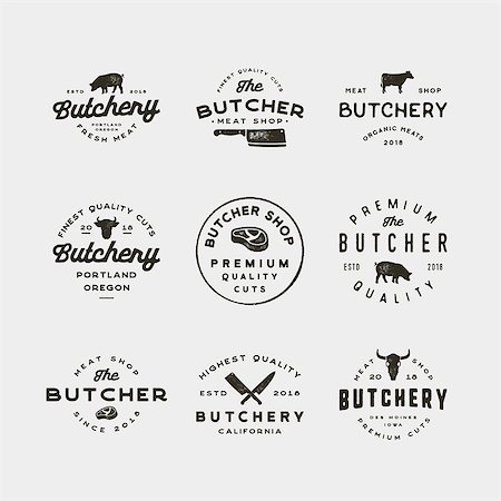 set of vintage butchery logos. retro styled meat shop emblems, badges, design elements, logotype templates. vector illustration Photographie de stock - Aubaine LD & Abonnement, Code: 400-09114223