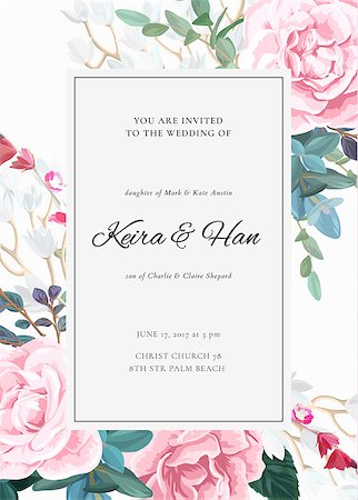 roses border designs - The classic design of a wedding invitation with flowering roses, plants, white flowers and leaves. Elegant vertical card template. Vector illustration. Stock Photo - Budget Royalty-Free & Subscription, Code: 400-09114394
