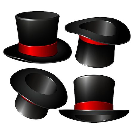 Set of black magician cylinder hats with red ribbon. Magic hats isolated on white background. Vector illustration Stock Photo - Budget Royalty-Free & Subscription, Code: 400-09114398