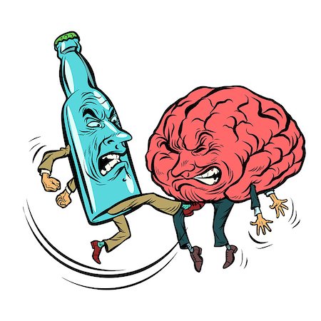 Alcoholism destroys the brain, drunk. fight bottle of vodka. Comic book cartoon pop art retro illustration vector Stock Photo - Budget Royalty-Free & Subscription, Code: 400-09114435