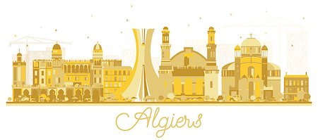 Algiers Algeria City Skyline Golden Silhouette. Vector Illustration. Simple Flat Concept for Tourism Presentation, Banner, Placard or Web Site. Algiers Cityscape with Landmarks. Foto de stock - Super Valor sin royalties y Suscripción, Código: 400-09114474