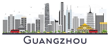 simsearch:400-08336131,k - Guangzhou China City Skyline with Gray Buildings Isolated on White Background. Vector Illustration. Business Travel and Tourism Concept with Modern Buildings. Guangzhou Cityscape with Landmarks. Stock Photo - Budget Royalty-Free & Subscription, Code: 400-09114483