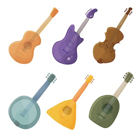 Musical stringed instruments in cartoon style guitar, violin, balalaika, lute - vector Foto de stock - Super Valor sin royalties y Suscripción, Código: 400-09114663