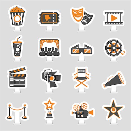 Cinema and Movie two color sticker Icons Set with popcorn, award, clapperboard, tickets and 3D glasses. Vector illustration Stock Photo - Budget Royalty-Free & Subscription, Code: 400-09114705