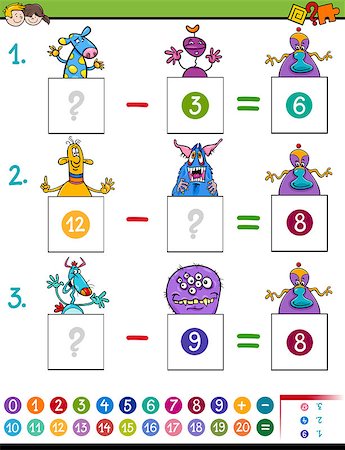Cartoon Illustration of Educational Mathematical Subtraction Puzzle Game for Preschool and Elementary Age Children with Aliens and Monsters Funny Characters Stock Photo - Budget Royalty-Free & Subscription, Code: 400-09114874