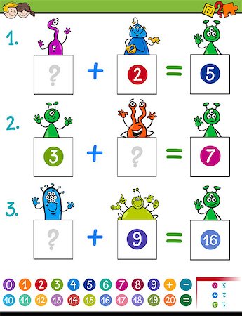 Cartoon Illustration of Educational Mathematical Addition Puzzle Game for Preschool and Elementary Age Children with Aliens Funny Characters Stock Photo - Budget Royalty-Free & Subscription, Code: 400-09114875