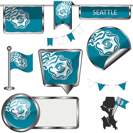 simsearch:400-08493890,k - Vector glossy icons of flag of Seattle on white Foto de stock - Royalty-Free Super Valor e Assinatura, Número: 400-09114930