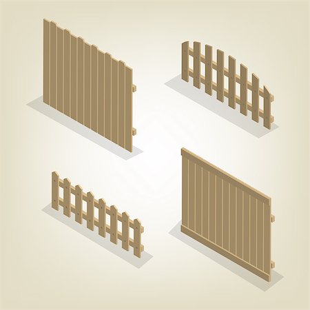 Set of spans wooden fences of various forms. Isolated on white background. Elements of buildings and landscape design. Flat 3D isometric style, vector illustration. Stockbilder - Microstock & Abonnement, Bildnummer: 400-09115017