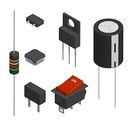 simsearch:400-09120941,k - Set of different active and passive electronic components isolated on white background. Resistor, capacitor, diode, microcircuit, fuse and button. 3D isometric style, vector illustration. Stock Photo - Budget Royalty-Free & Subscription, Code: 400-09115027