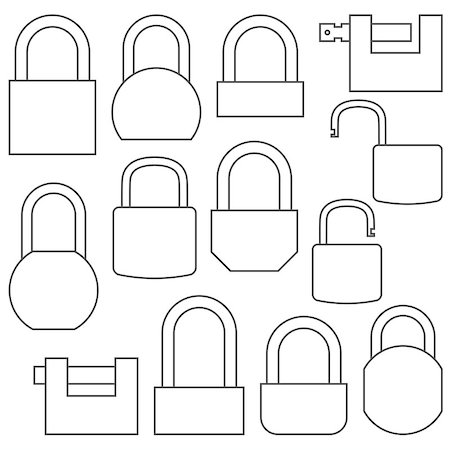Icons locks of different shapes from thin lines, isolated on white background. Flat style, vector illustration. Photographie de stock - Aubaine LD & Abonnement, Code: 400-09115021