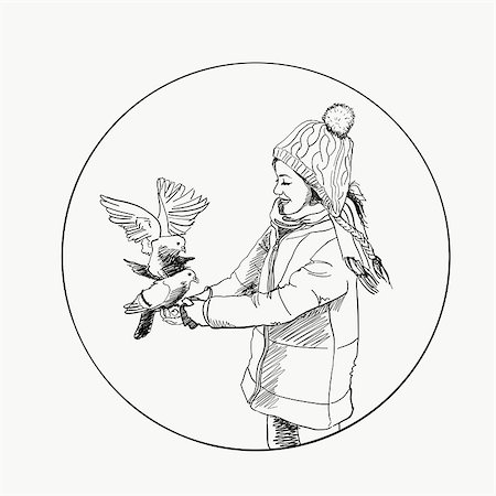Beautiful young girl and bird. Winter. Hand drawn vector illustration Photographie de stock - Aubaine LD & Abonnement, Code: 400-09115049