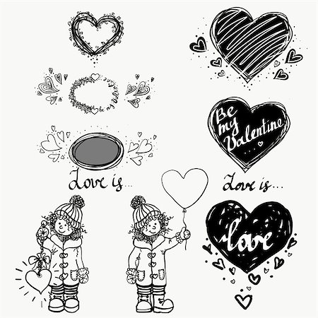 saint valentine day. Beautiful young girl and heart. Winter love. Hand drawn vector illustration set Photographie de stock - Aubaine LD & Abonnement, Code: 400-09115057