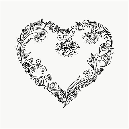 simsearch:400-08411281,k - graphic, outline drawing from decorative flowers and leaves in the form of a heart, stencil for coloring, postcard tattoo Stock Photo - Budget Royalty-Free & Subscription, Code: 400-09115053