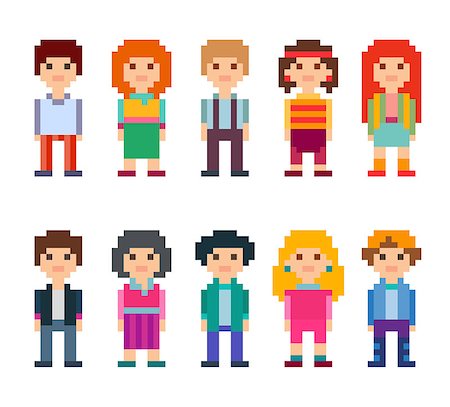 Colorful set of pixel art style characters. Men and women standing on white background. Vector illustration. Stock Photo - Budget Royalty-Free & Subscription, Code: 400-09115306