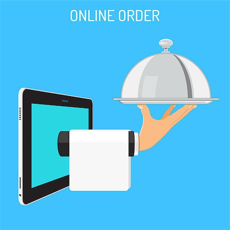restaurant server order - Online Order Concept. Hand holds tray with cover. Internet delivery via tablet PC. Flat style icons. Isolated vector illustration Stock Photo - Budget Royalty-Free & Subscription, Code: 400-09115303