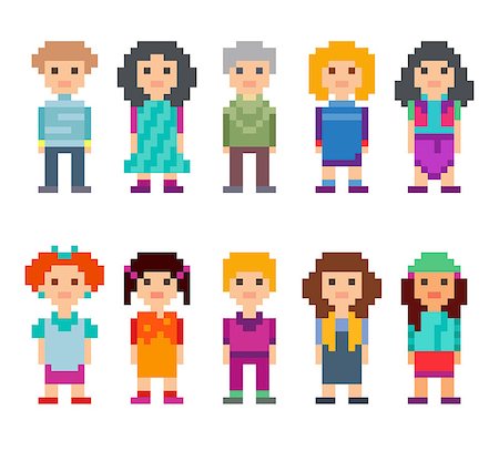 Different pixel 8-bit characters. Men and women standing on white background. Vector illustration. Stock Photo - Budget Royalty-Free & Subscription, Code: 400-09115312