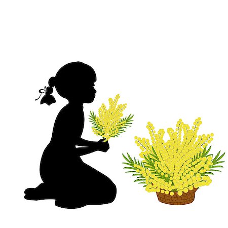 Silhouette girl holds mimosa. Mothers day. Vector Illustration Stock Photo - Budget Royalty-Free & Subscription, Code: 400-09115446