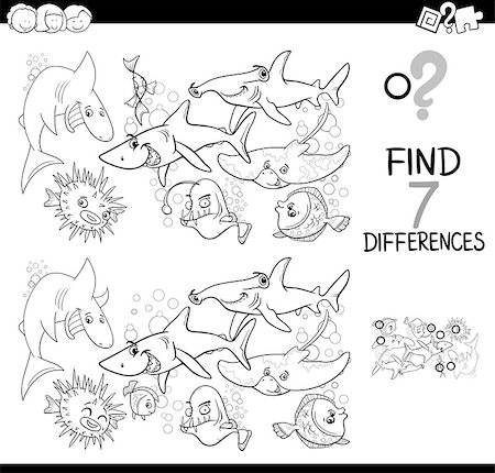 simsearch:400-08916743,k - Black and White Cartoon Illustration of Finding Seven Differences Between Pictures Educational Activity Game for Kids with Fish Marine Animal Characters Group Coloring Book Stock Photo - Budget Royalty-Free & Subscription, Code: 400-09115673
